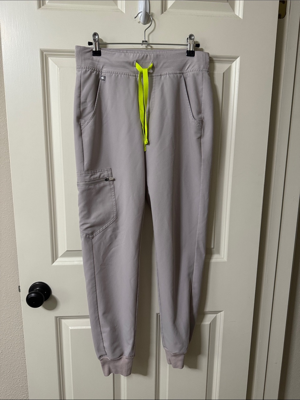 Figs Light Gray Scrub Joggers with Neon Yellow Drawstring